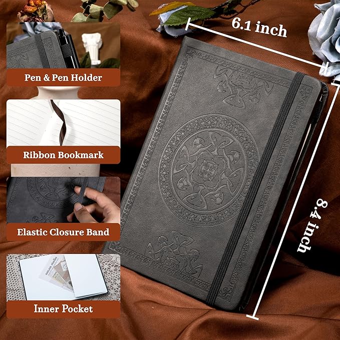 CAGIE Leather Journal for Men Hardcover Journals for Writing with Pen, 290 Pages Lined Journaling Notebooks for Work Leather Vintage Journal Notebook, 6.1" x 8.5", Gray