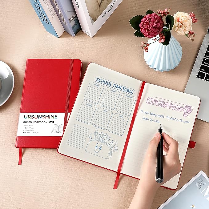 Ruled Notebook/Journal - Classic Lined Journal/Notebook, 5.3'' x 8.26'', Hardcover with Thick Paper, Banded + Pen Holder +Inner Pocket - Red