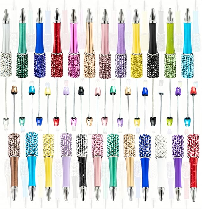 24Pcs Pearl & Diamond Beadable Pens bulk Multicolor Retractable Writing Pens Plastic Black Ink Bead Pens Ballpoint Pens Pen Making Kit DIY Pens