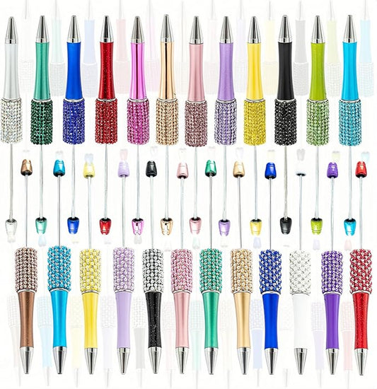 24Pcs Pearl & Diamond Beadable Pens bulk Multicolor Retractable Writing Pens Plastic Black Ink Bead Pens Ballpoint Pens Pen Making Kit DIY Pens
