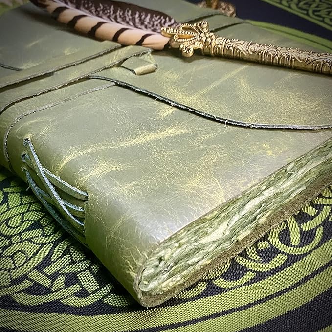 Vintage Green Leather Journal - 200 pages Deckle Edge Rustic Paper - Unlined Pages Book of Shadows, Grimoire, Junk Notebook, Fantasy Medieval Gifts, Sketchbook, Antique Scrapbook (Earthy Green, 7"x5")
