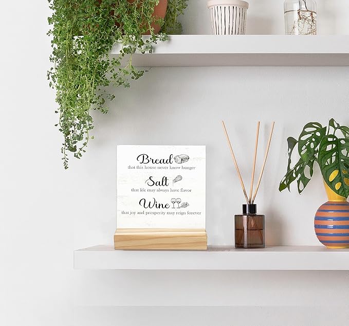 Wine Signs for Home Decor,Inspirational Desk Decor,Kitchen Decor Bread Salt Wine Wooden Sign Desk Decor for Farmhouse Home Kitchen Table Shelf Decoration, Housewarming Gifts for Woman