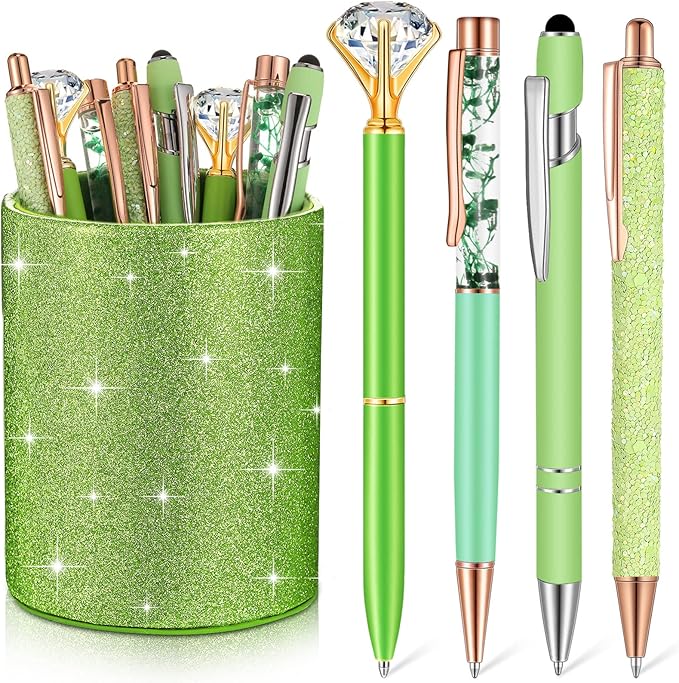 Sabary 8 Pcs Ballpoint Pens with Pen Holder for Desk Glitter Crystal Diamond Fancy Pencil Holder Bling Desk Organizer Cute Stationery Supplies for Women Girls Wedding Office School Gifts(Green)