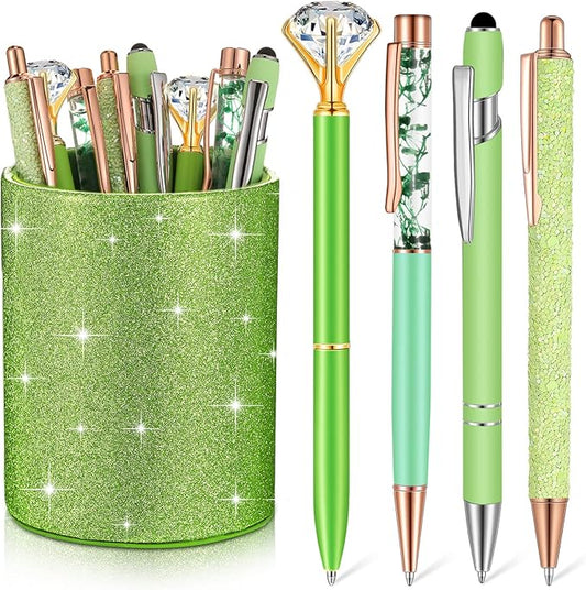 Sabary 8 Pcs Ballpoint Pens with Pen Holder for Desk Glitter Crystal Diamond Fancy Pencil Holder Bling Desk Organizer Cute Stationery Supplies for Women Girls Wedding Office School Gifts(Green)
