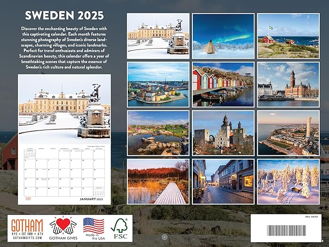 Sweden Calendar 2025 Monthly Wall Stockholm Northern Lights Calender 12 Month | American Made In The USA