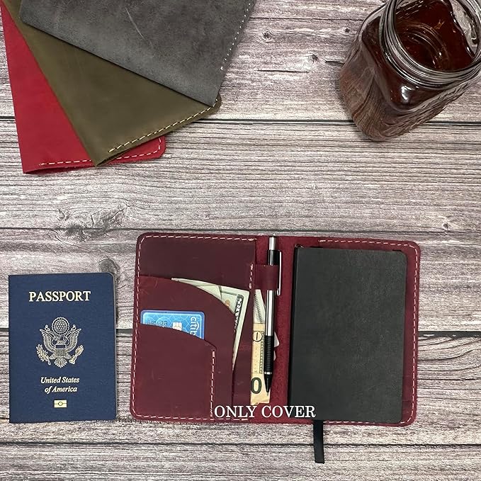 Thot Ra Leather Cover for Field Notes, Passport Cover, Leather Notebook Cover for 3.5" x 5.5" with Pen Holder, Only Cover (Wine)