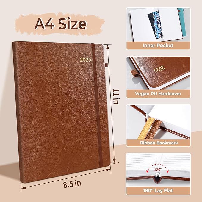 SUNEE 2025 Weekly & Monthly Hardcover Planner 8" x 11" - 12 Month (January 2025 - December 2025), Small Hardcover Planner, Pocket, Notes, 100 GSM Paper, Brown