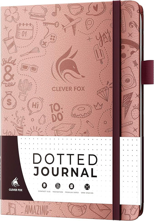 Clever Fox Dotted Journal 2.0 – Compact Planning and Sketching Dot Grid Notebook 120 GSM Thick, No-Bleed Paper – Planner with Pen Loop, Pocket, Ribbons, Stickers A5 - Rose Gold
