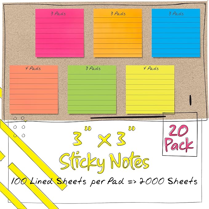 Better Office Products Lined Sticky Notes 3 x 3, 20 Pack Box, 2,000 Sheets (100/Pad), Self Stick Notes with Lines, Bright Assorted Colors, Post Memos, Strong Adhesive, 20 Pads in Box