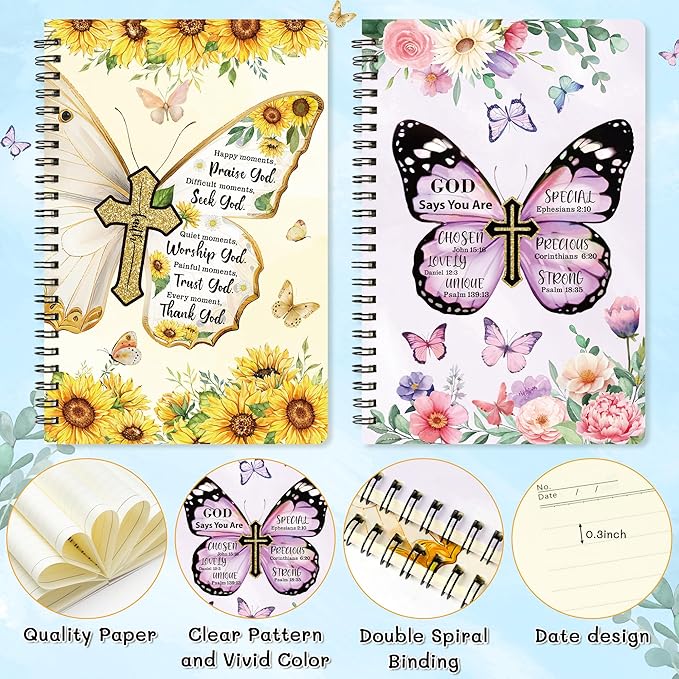 2Pack A5 Floral Cross Butterfly Religious Spiral Notebooks - God Says You Are Bible Verse Ruled Hardbound Journal Writing Hardcover Notebooks Christian Christmas Gift Sunday School Supplies