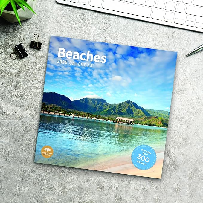 2025 Beaches Monthly Wall Calendar by Bright Day, Includes Over 300 Stickers, 12 x 12 Inch