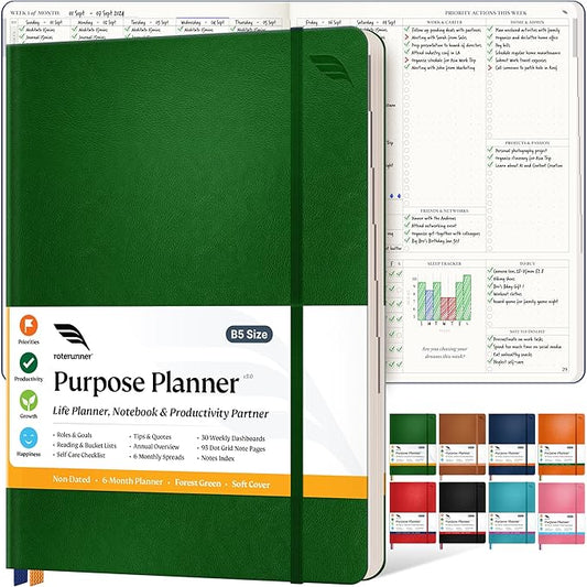 Roterunner Softcover Purpose Planner Notebook B5 7.5 x 9.8 Undated Daily Planner 2024-2025 Daily Weekly and Monthly Productivity Planner Life Planner ADHD Planner for Adults Self Care Journal