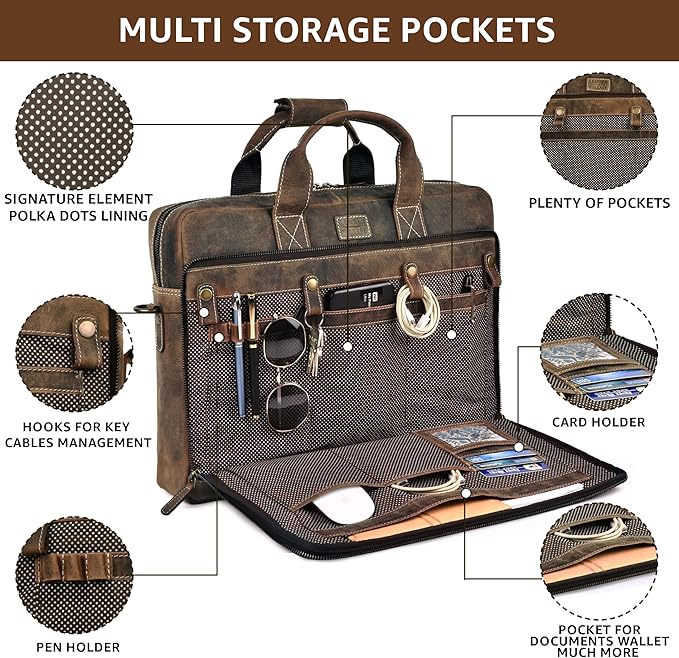 LEATHER VILLAGE 18" Leather Laptop Messenger Briefcase Bag for Men-Leather Satchel for Travel and Office Shoulder Bag-Rustic Brown