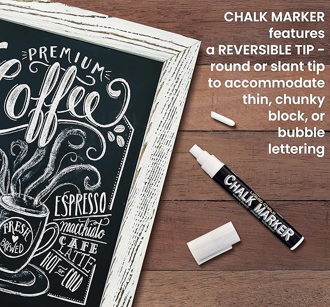 Better Office Products Framed Tabletop Chalkboard Sign, 9.5" x 14", Rustic Wood Frame, Small Magnetic Chalkboard with Built-in Ledge and Folding Stand, One White Chalk Marker Included,(Whitewash)
