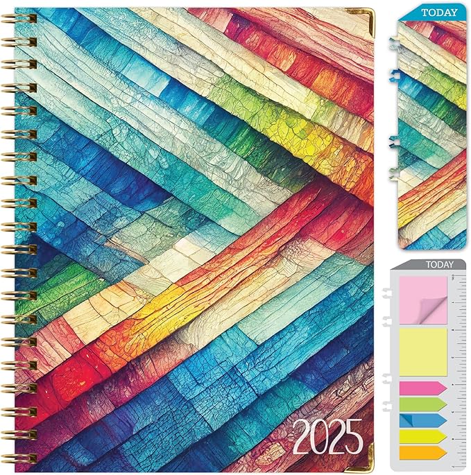 HARDCOVER 2025 Planner, 8.5"x11": 14 Months (November 2024 - December 2025), Daily Weekly Monthly Planner, Yearly Agenda, Bookmark, Pocket Folder and Sticky Note Set (Rainbow Oak)