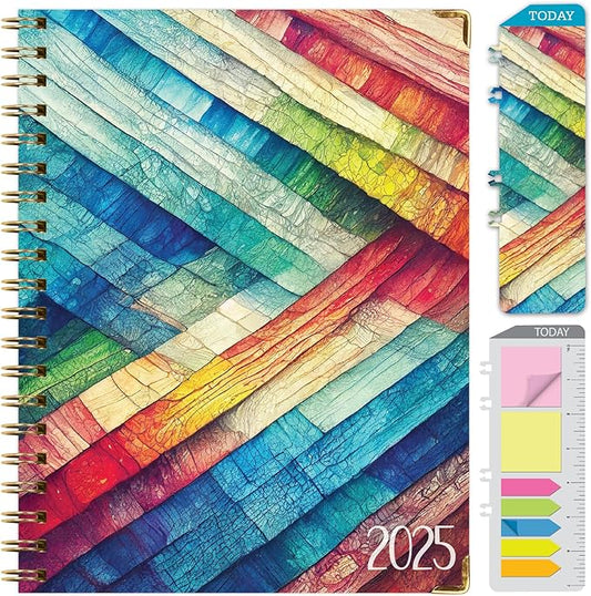 HARDCOVER 2025 Planner, 8.5"x11": 14 Months (November 2024 - December 2025), Daily Weekly Monthly Planner, Yearly Agenda, Bookmark, Pocket Folder and Sticky Note Set (Rainbow Oak)