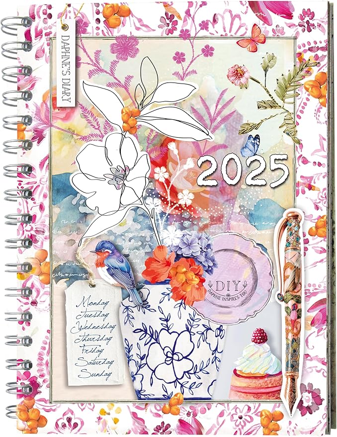 Daphne's Diary Daily Planner Journal 2025 | Everyday Agenda with Creative Designs, Fold-Out Montly Overviews, Shopping Lists | Decorative Weekly Planner Scrapbook full of art paper and art supplies