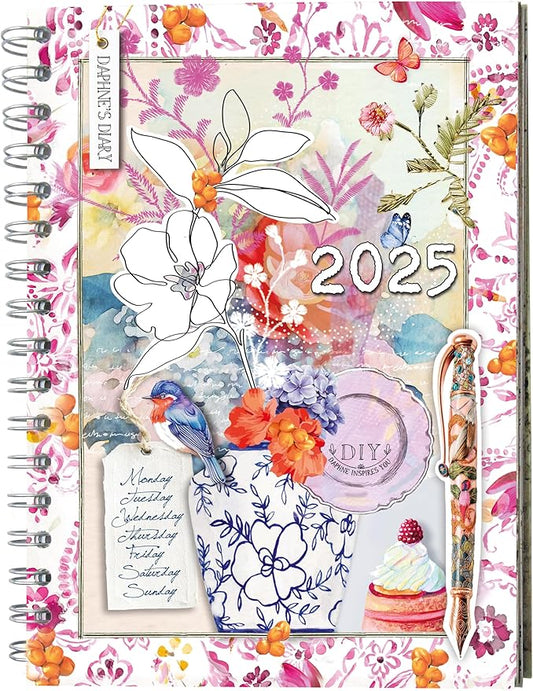 Daphne's Diary Daily Planner Journal 2025 | Everyday Agenda with Creative Designs, Fold-Out Montly Overviews, Shopping Lists | Decorative Weekly Planner Scrapbook full of art paper and art supplies