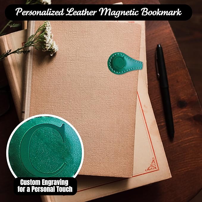 Personalized Leather Magnetic Bookmarks (1 Pack) Vintage Custom Engraved Initial ID Identification Book Marker Clip Gift for Book Lover Avid Readers (Letter C, Green)