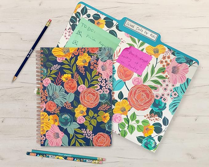 Steel Mill & Co Cute Floral Mini Spiral Notebook, 8.25" x 6.25" Journal with Durable Hardcover and 160 Lined Pages, Garden Blooms (Navy)