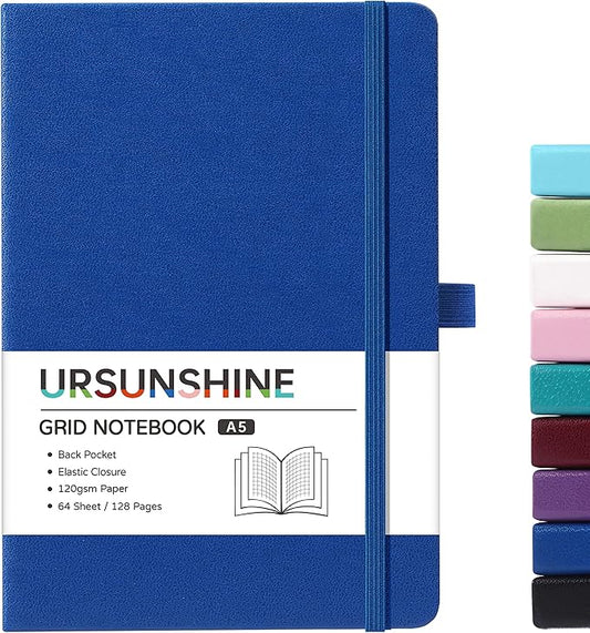 Graph Grid Paper Notebook/Journal - Classic Journal/Notebook with Ribbon Divider, Hardcover with Thick Paper, 5.3" x 8.26", Banded + Pen Holder +Inner Pocket - Deep Blue