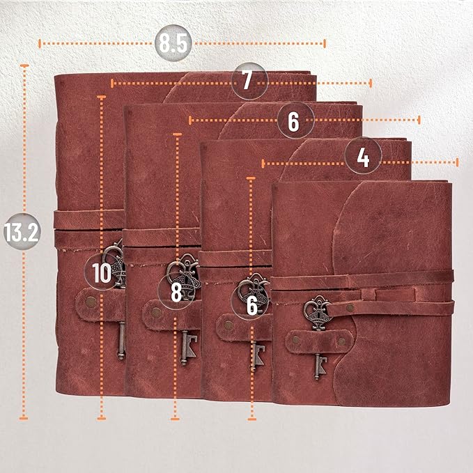 LEATHER VILLAGE Vintage Leather Journal – 200 Handmade Vintage Deckle Edge Paper – Leather bound Journal For Women Men – Vintage Key Closure - Book of Shadows - Red Brown - 6X4 inches (A6)