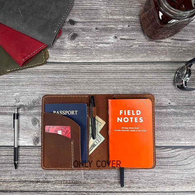 Leather Cover for Field Notes, Passport Cover, Leather Notebook Cover for 3.5" x 5.5" with Pen Holder, Only Cover (Bourbon)