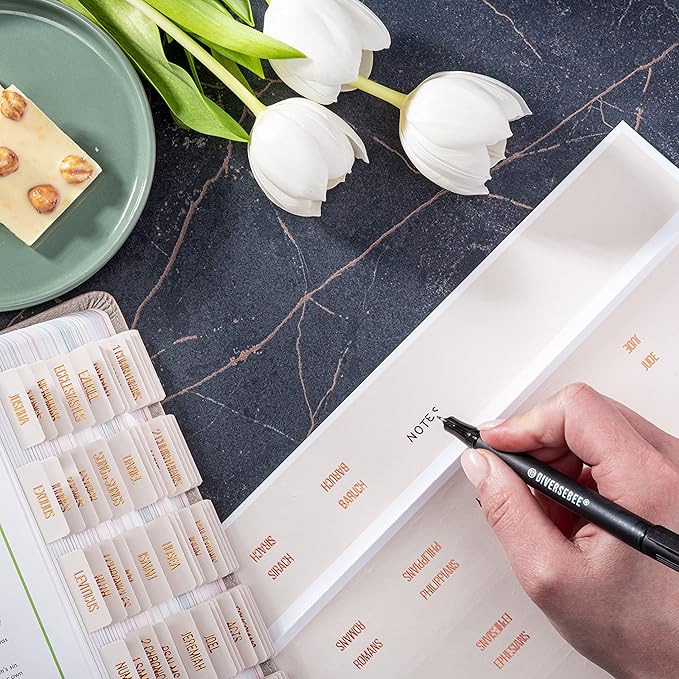 DiverseBee Laminated Bible Tabs (Copper Embossed Lettering), Bible Journaling Supplies, Bible Book Tabs, Christian Gift, 73 Bible Tabs for Women and Men, Includes 4 Blank Tabs (Alabaster)