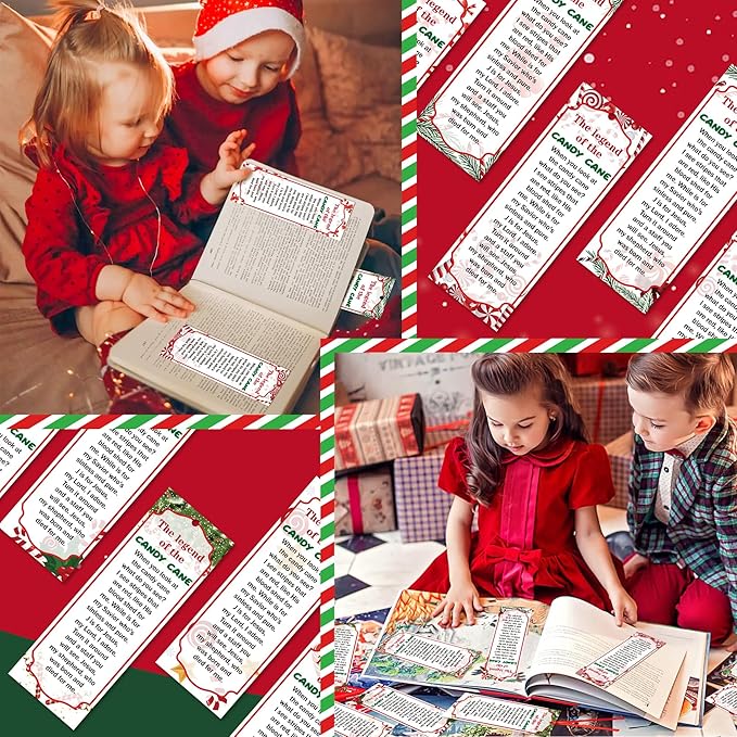 Haooryx 240pcs Christmas Theme Bookmarks, The Legend of The Candy Cane Bookmark with Red Ribbons, Candy Cane J is for Jesus Religious Bookmark Party Favor for Sunday School Supply Students Rewards