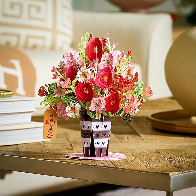 Paper Love HugePop 3D Lovely Flower Vase Pop Up Card, with Detachable Paper Flower Bouquet, For Birthday, All Occasions - Jumbo 10" x 14" Cards - Envelope and Note Tag