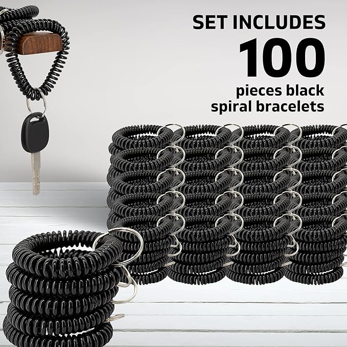 100PCS Keychain Wristlet Wrist Keychain Wristband Elastic Stretchable Spiral Bracelet Key Hook Key Holder for Gym Pool Spring Spiral Coil Black