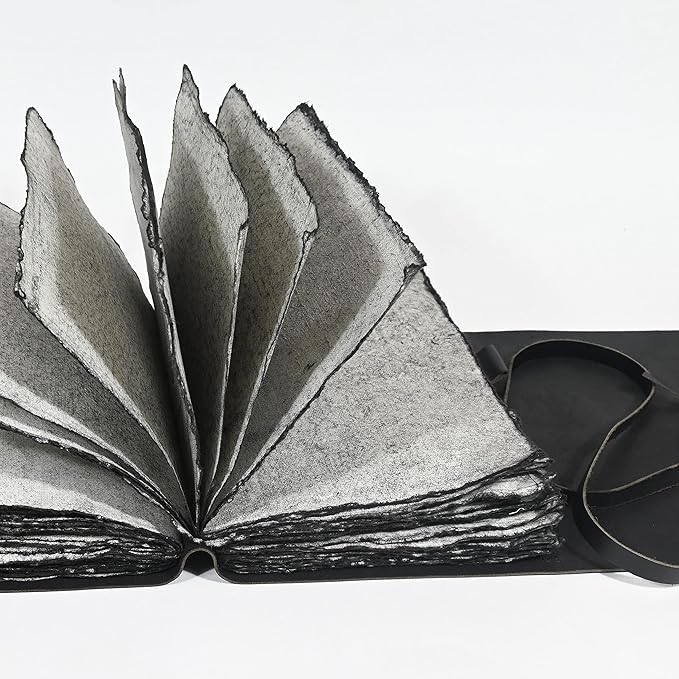 Vintage Black Leather Journal - 200 Pages Gray Deckle Edge Rustic Paper, Unlined Pages Book of Shadows, Grimoire, Junk Notebook, Fantasy Medieval Gifts, Sketchbook, Scrapbook (Raven Black, 12"x9")