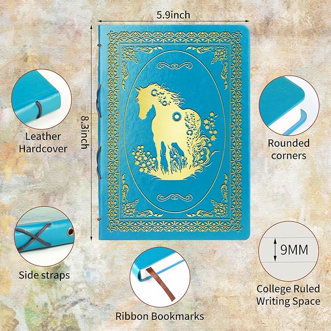 Light Blue A5 Horse Gifts for Women Girls Faux Leather Vintage Notebook Inspirational Horse Trainer Gift Hardcover Executive Notebook,200 Pages 120 Gsm Thick Ruled Paper With Pen,Horse Lover Gifts Equestrian Gift (Horse Light Blue)