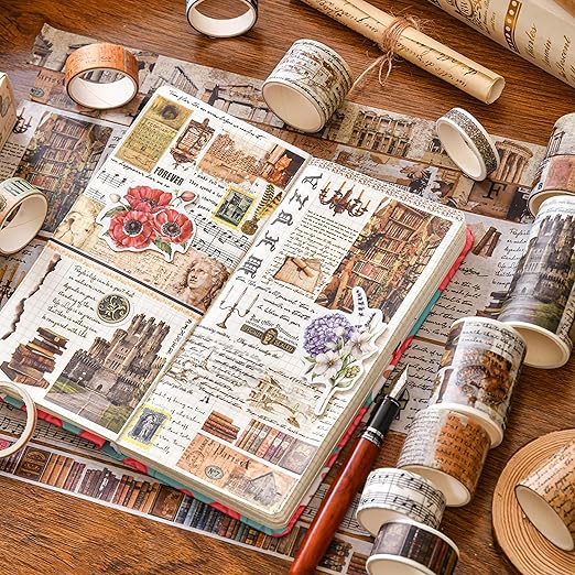 18 Rolls Vintage Washi Tape Pack Retro Arts Adhesive Tapes Wide Monologue Decorative Masking Tape Sets for Craft, Kids, Scrapbook, DIY, Gift Wrapping (Past Events)