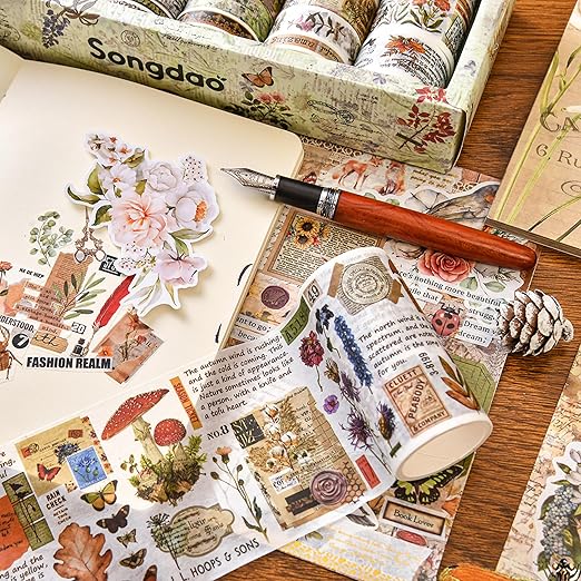 18 Rolls Vintage Washi Tape Pack Retro Arts Adhesive Tapes Wide Monologue Decorative Masking Tape Sets for Craft, Kids, Scrapbook, DIY, Gift Wrapping (Misty Forests)