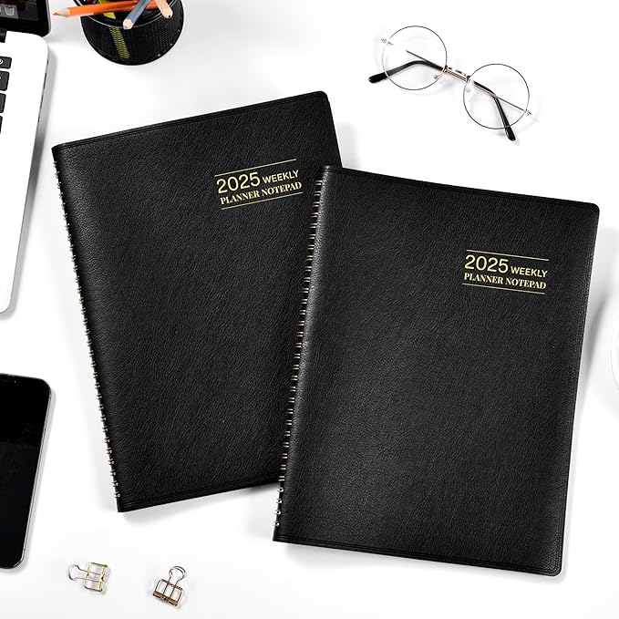 2025 Planner - Weekly & Monthly Planner Notepad 2025, 11.38'' x 8.74'', JAN. 2025 - DEC. 2025, Appointment Book, 60 Minutes Intervals, Tabs, Faux Leather Cover, Spiral Bound, Back Pocket - Black