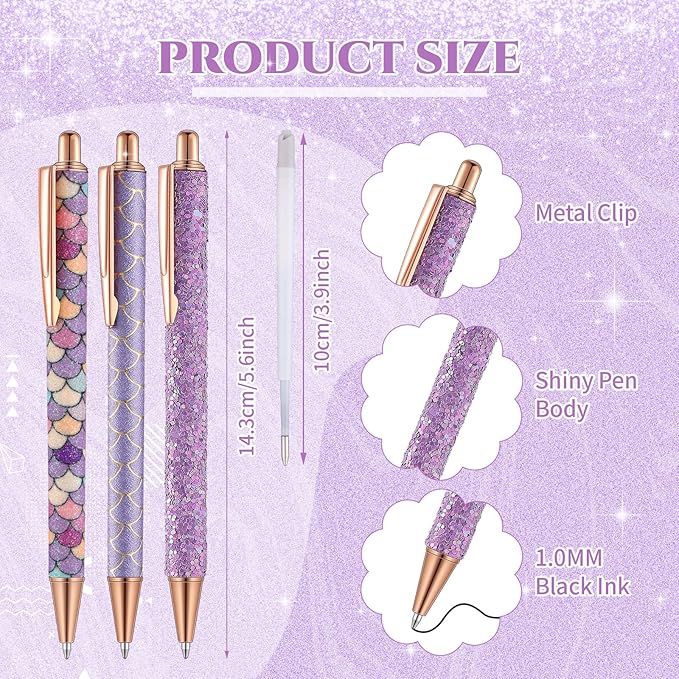 Sherr 7 Pcs Fancy Pens for Women Cute Sparkly Glitter Pens with 10 Pcs Black Ink Refills Pretty Gifts for Girls Office School Christmas Graduation(Purple,Stylish)