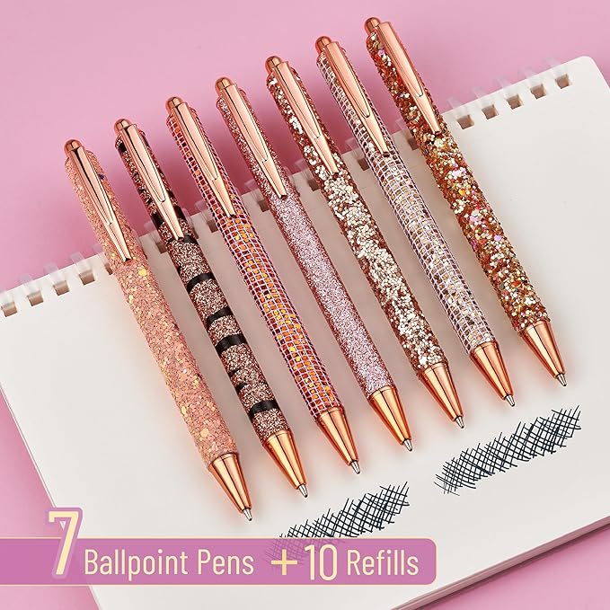 Mr. Pen- Fancy Pens for Women, 7 Black Ink Ballpoint Pens with 10 Refills, 1.0mm, Rose Gold Reverie, Glitter Cute Pens for Journaling, Sparkly Fancy Pen, Easter Gift
