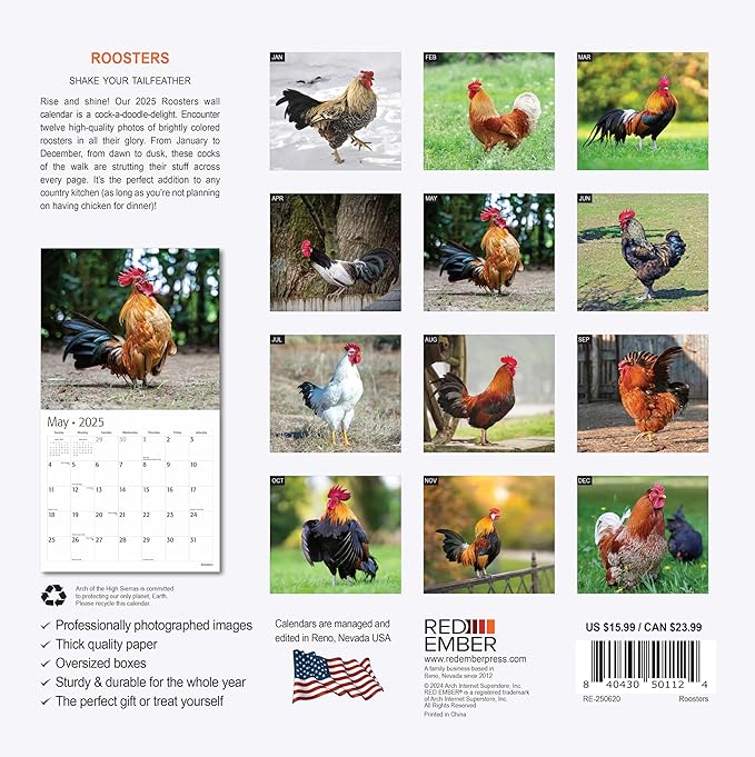 RED EMBER Roosters 2025 Wall Calendar 12 Month | 12" x 24" Open | Thick & Sturdy Paper | Giftable | Calendar 2025