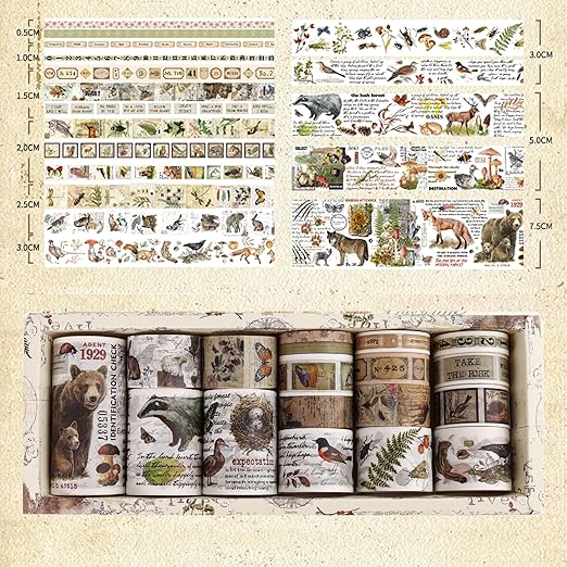 18 Rolls Vintage Washi Tape Pack Retro Arts Adhesive Tapes Wide Monologue Decorative Masking Tape Sets for Craft, Kids, Scrapbook, DIY, Gift Wrapping (Jungle Trails)