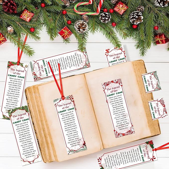 Haooryx 240pcs Christmas Theme Bookmarks, The Legend of The Candy Cane Bookmark with Red Ribbons, Candy Cane J is for Jesus Religious Bookmark Party Favor for Sunday School Supply Students Rewards