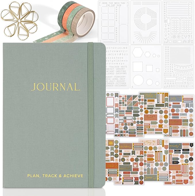 ZICOTO Ultimate All-in-One Journaling Kit - Incl. Journal Notebook With Linen Hardcover and Dotted Pages, Stencils, Stickers, Washi Tapes, Paper Clips and More Bullet Checklist Supplies
