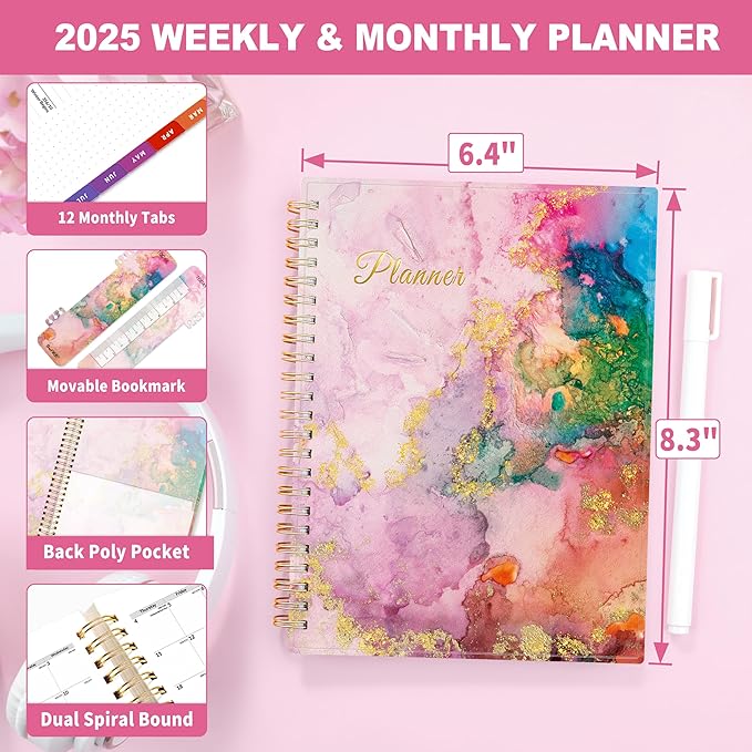 SUNEE 2025 Weekly and Monthly Planner - from January 2025 - December 2025, 6.4" x 8.3" Daily Agenda Planner with Monthly Tab, Flexible Cover, Note Pages, Pockets, Bookmark, Spiral Binding, Marble