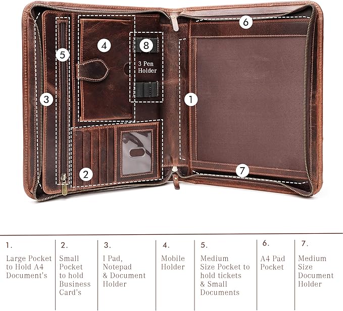 Leather Portfolio Binder, Professional Organizer Padfolio – Resume Folder, Business Card & Document Holder, Portfolios for Men & Women, Office & Business Supplies by Luxeoria | (Large - Brown)