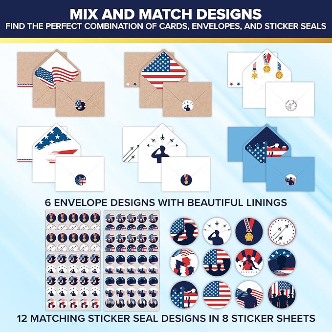 Decorably 120 Pack 6x4in Veterans Day Cards Bulk with Envelopes and Stickers, 12 Designs Military Thank You for Your Service Cards, Patriotic Thank You Cards Blank Inside