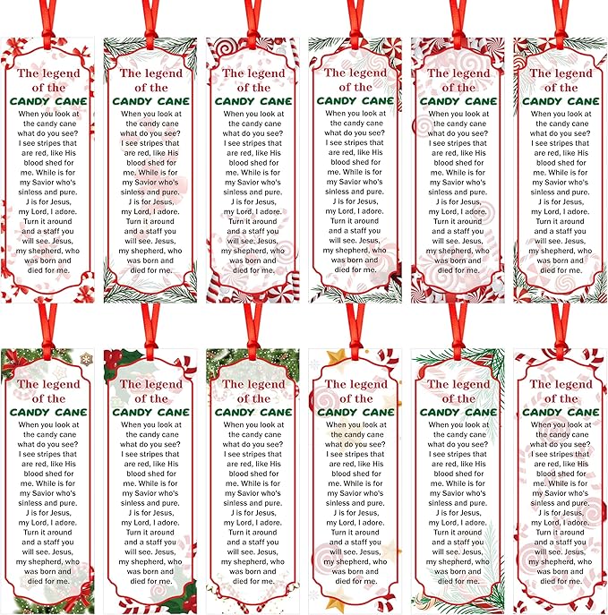 Haooryx 120pcs Christmas Theme Bookmarks, The Legend of The Candy Cane Bookmark with Red Ribbons, Candy Cane J is for Jesus Religious Bookmark Party Favor for Sunday School Supply Students Rewards