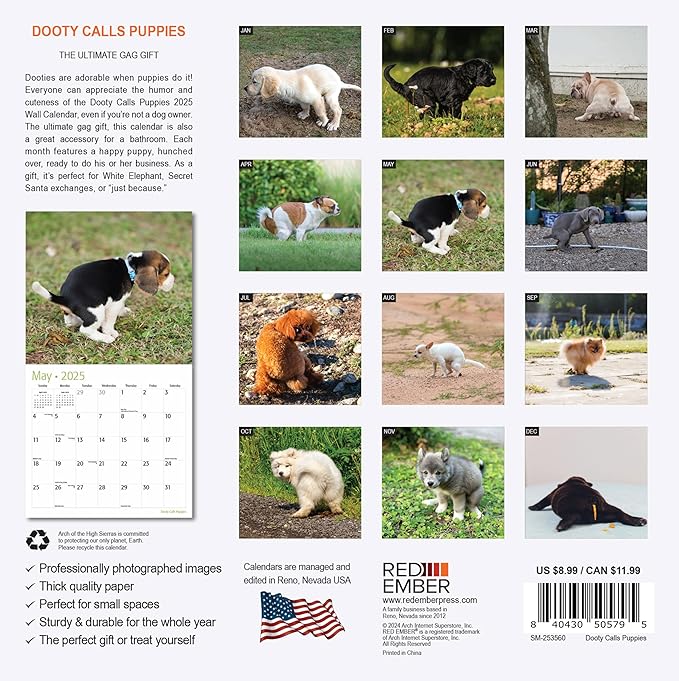 RED EMBER Dooty Calls Puppies Mini 2025 Wall Calendar 12 Month Funny Secret Dirty Santa White Elephant Yankee Swap | 7" x 14" Open | Thick & Sturdy Paper | Giftable | Calendar 2025