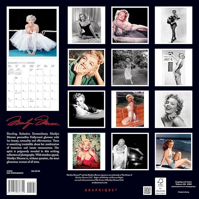 Graphique 2025 Marilyn Monroe Wall Calendar | 12” x 12” | Thick Paper | Home & Office Organizer | Large Monthly Grid | 3 Languages & Marked Holidays | 4 Month Preview Page for 2026