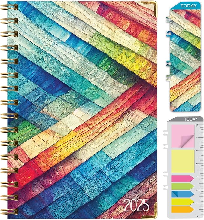 HARDCOVER 2025 Planner, 5.5"x8": 14 Months (November 2024 - December 2025), Daily Weekly Monthly Planner, Yearly Agenda, Bookmark, Pocket Folder and Sticky Note Set (Rainbow Oak)