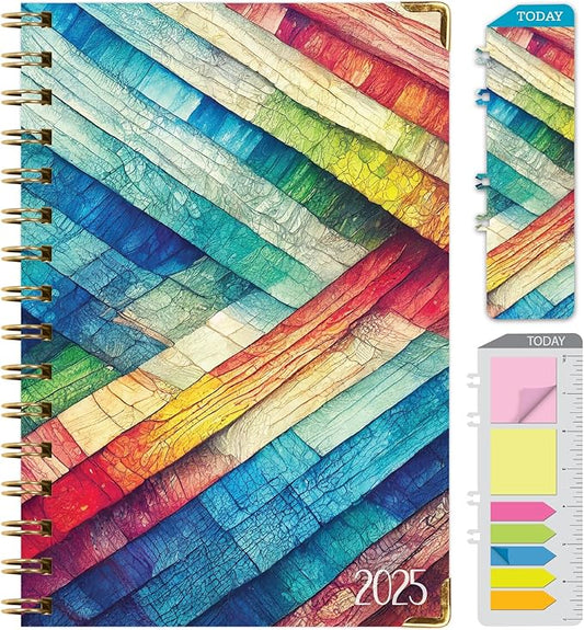 HARDCOVER 2025 Planner, 5.5"x8": 14 Months (November 2024 - December 2025), Daily Weekly Monthly Planner, Yearly Agenda, Bookmark, Pocket Folder and Sticky Note Set (Rainbow Oak)